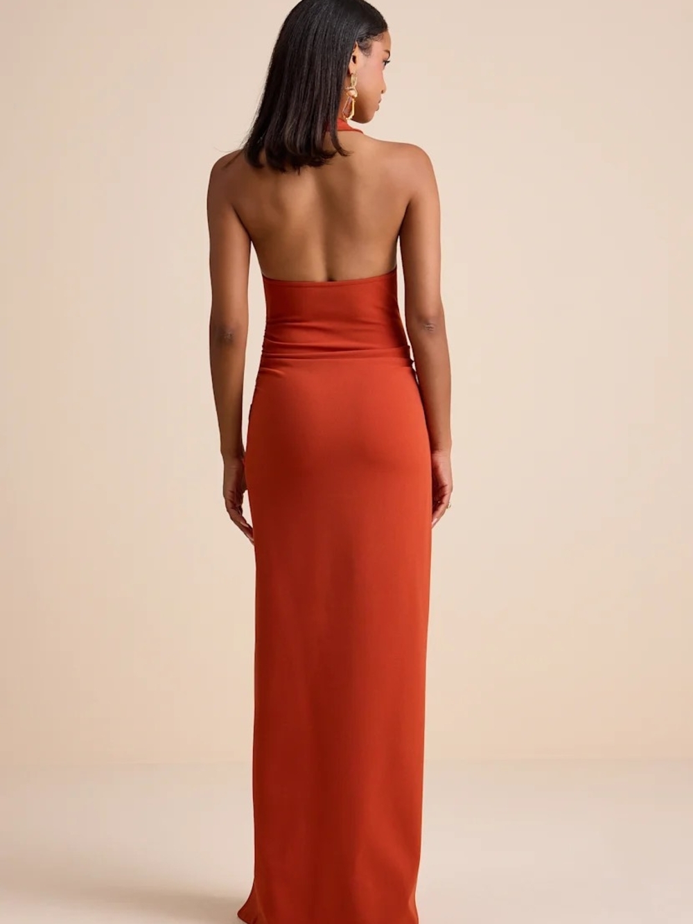 Lulu's Abriana Rust Orange Pleated Halter Maxi Dress - Picture 4 of 8